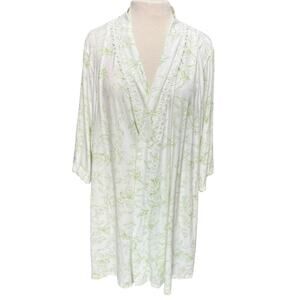 Womens Floral Short Robe Sz L White Green Coquette Cottagecore Kimono Lace Trim